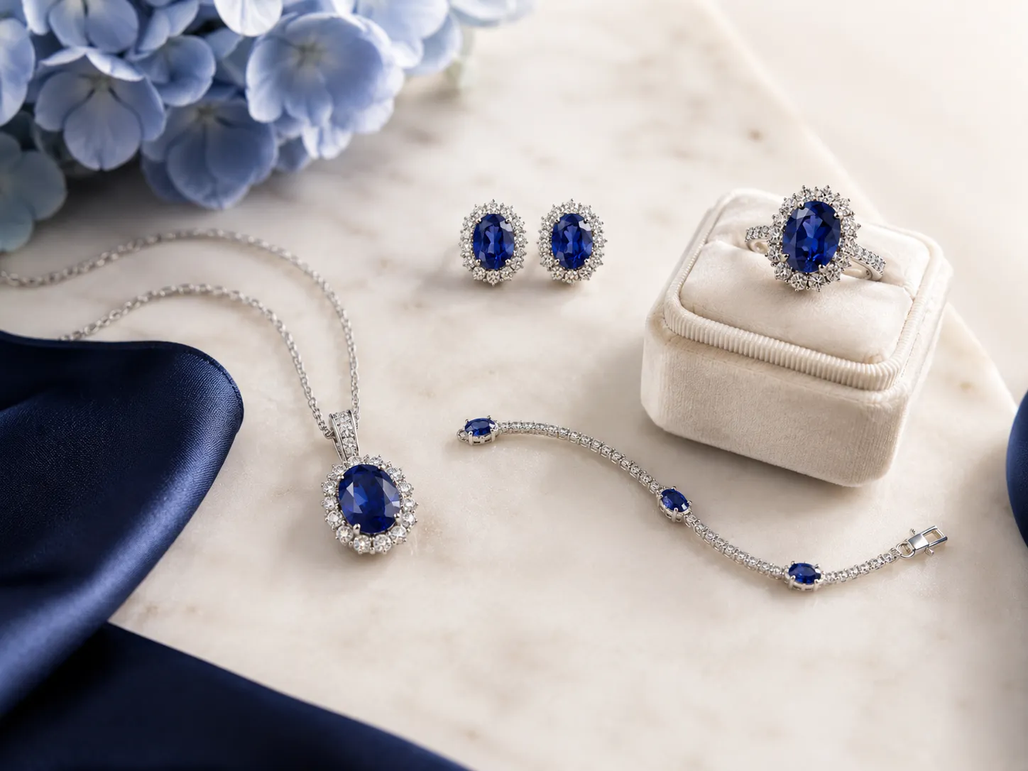 Luxury sapphire jewelry collection featuring a blue sapphire ring, pendant, earrings and bracelet