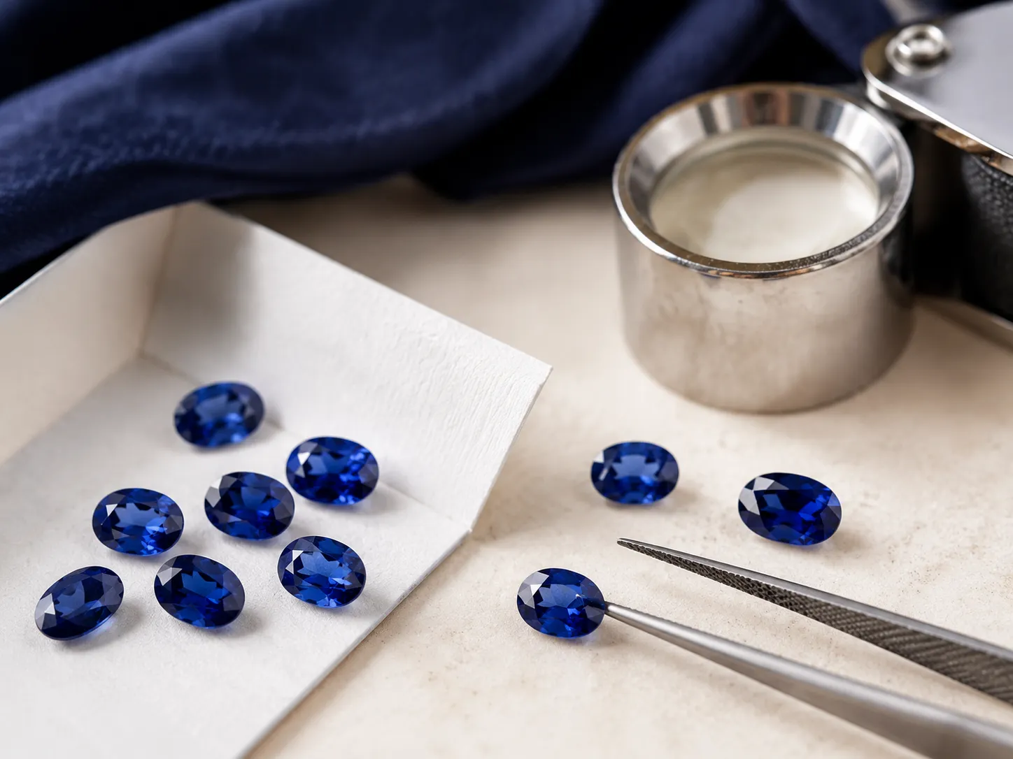 Loose blue sapphires being examined with gemological tweezers at a jeweler's workbench