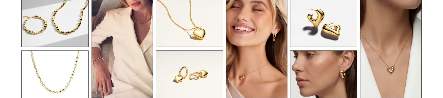 Collage of gold jewelry including necklaces, earrings, and bracelets from Sif Jakobs' collection at Arezzo Jewelers. Shop Now.