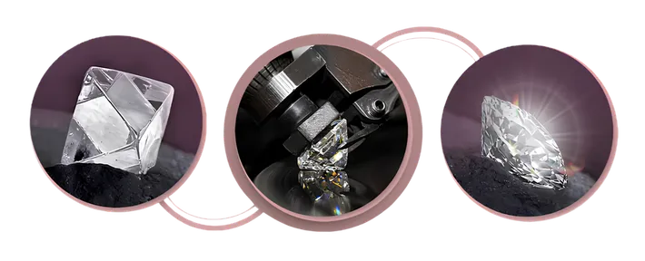 Three stages of diamond processing: rough diamond, cutting process, and polished diamond.