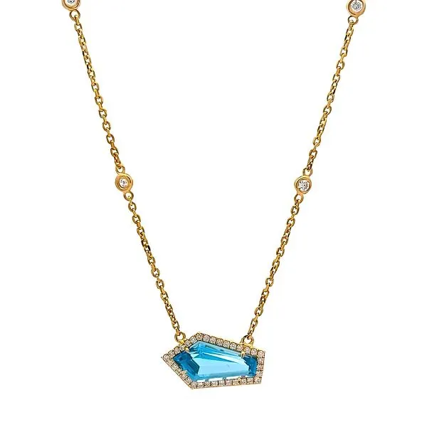 Gold necklace with a blue geometric gemstone pendant and diamond accents on a white background.