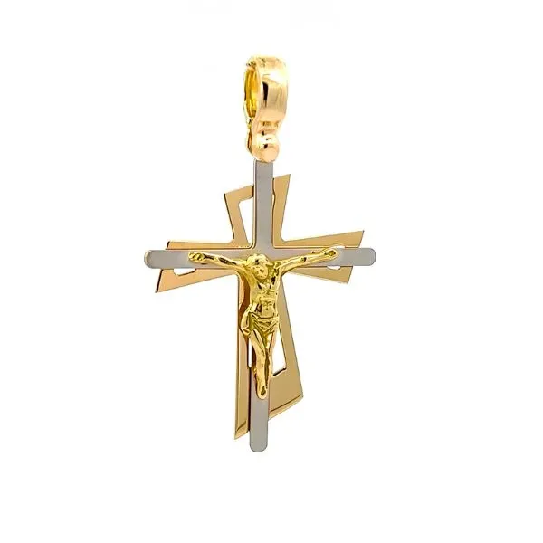 Gold and silver crucifix pendant with intricate design.