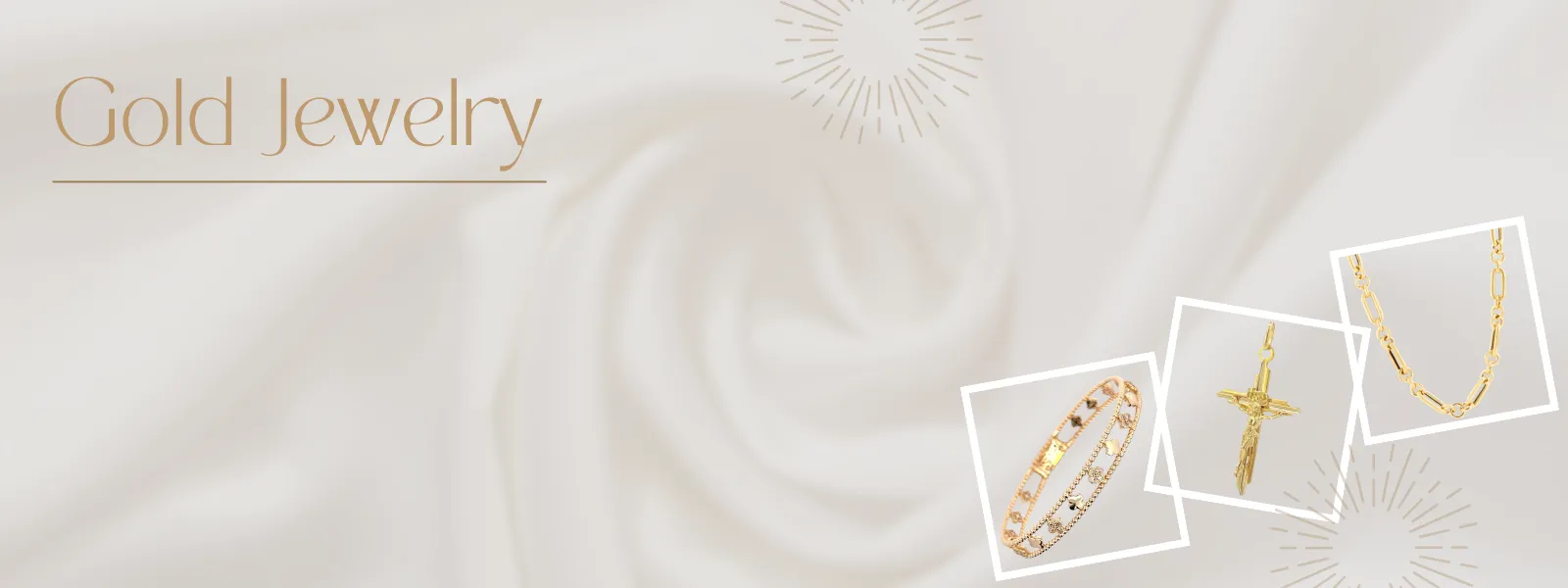 Gold jewelry display with bracelet, crucifix pendant, and chain on a soft background.