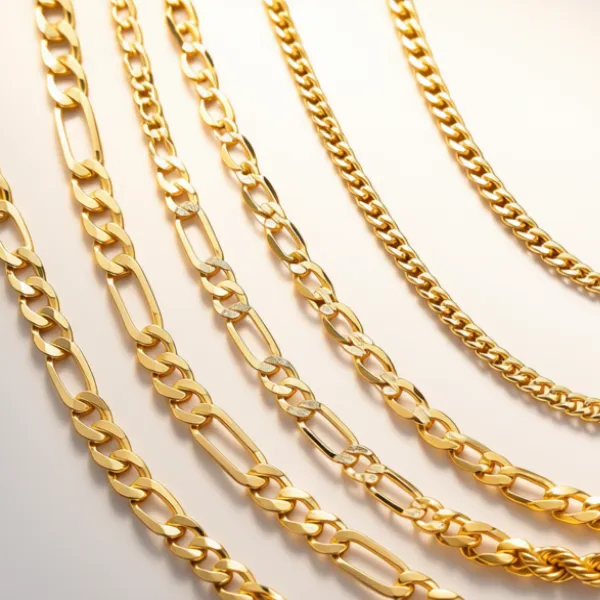 Five gold italian link chains with different link styles displayed on a light background.