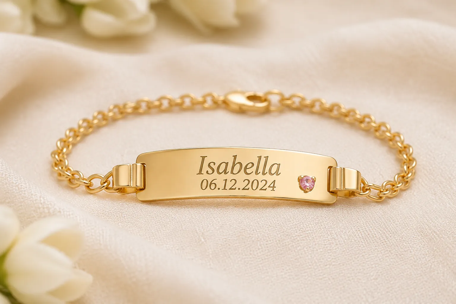 Personalized children's gold ID bracelet engraved with a child's name and birth date