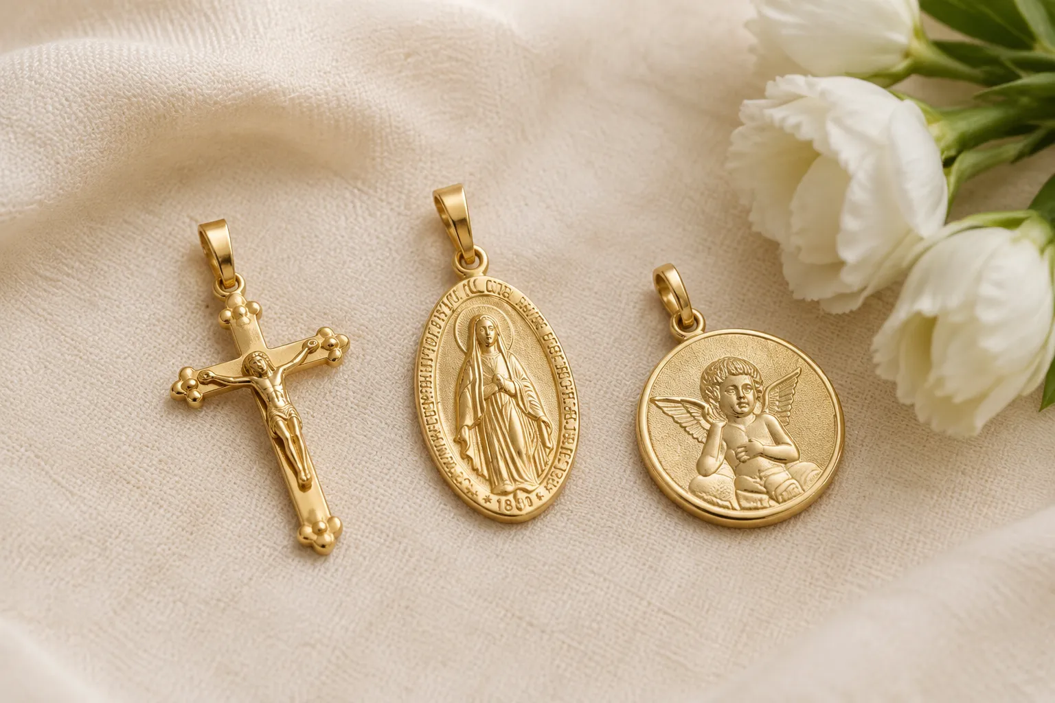 Gold crucifix, Miraculous Medal and guardian angel medal for children's baptism and religious milestone gifts