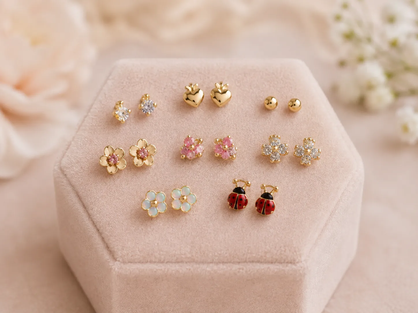 Collection of children's gold earrings featuring hearts, flowers, gemstones, gold studs and colorful enamel designs