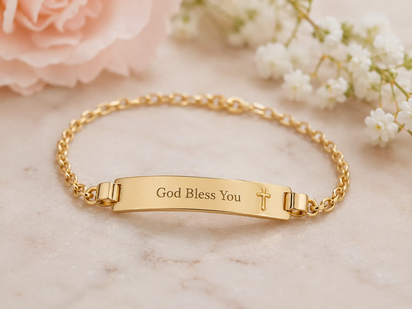 Engraved children's gold ID bracelet with God Bless You message and cross