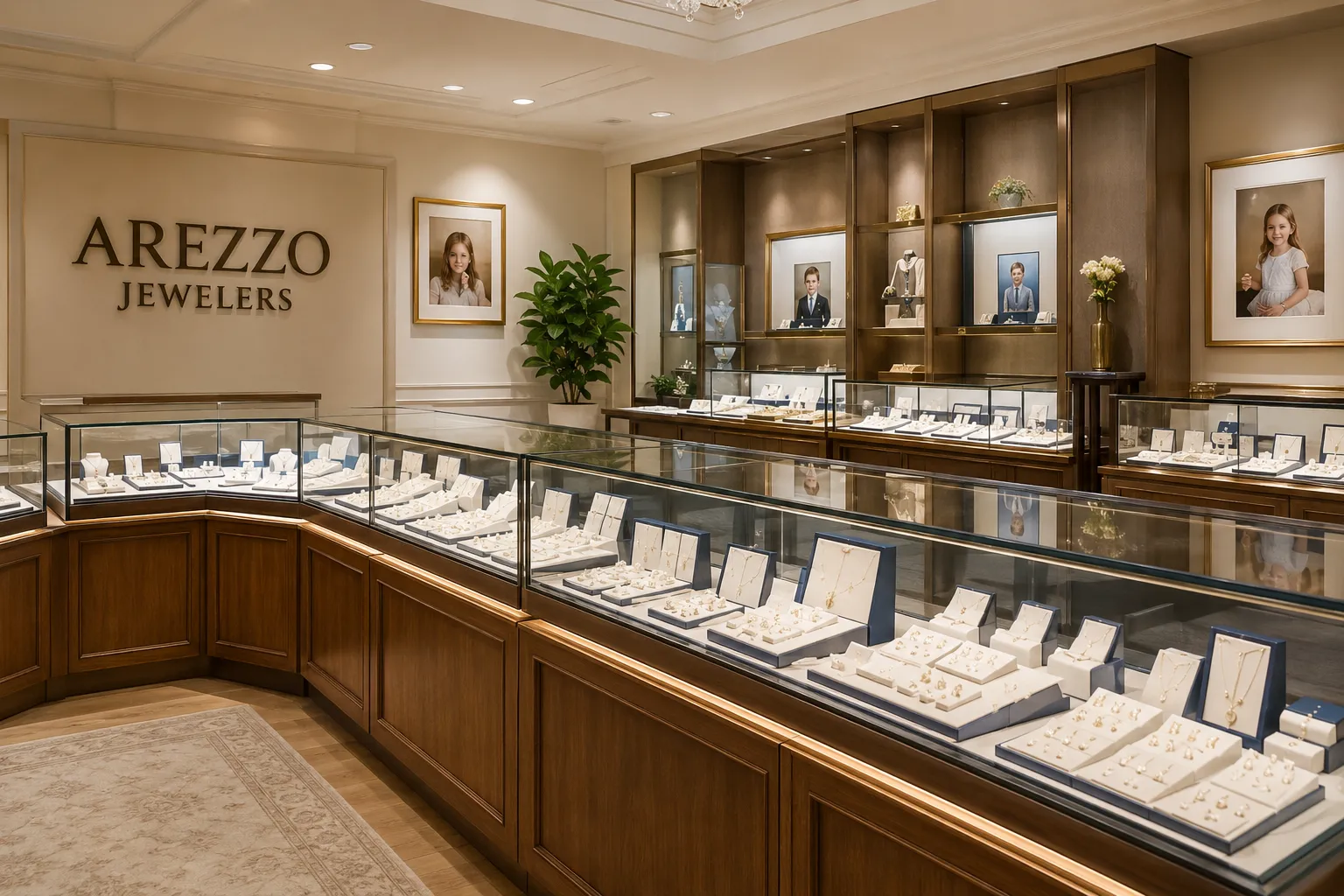 Arezzo Jewelers showroom in Elmwood Park Illinois featuring fine gold and children's jewelry