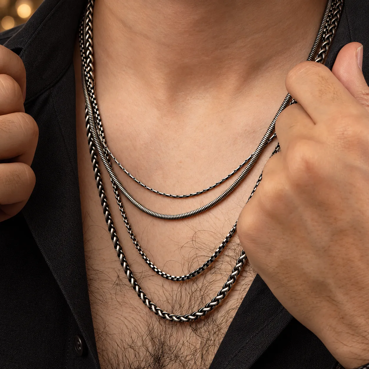Layered silver-tone men's chains worn with a black shirt