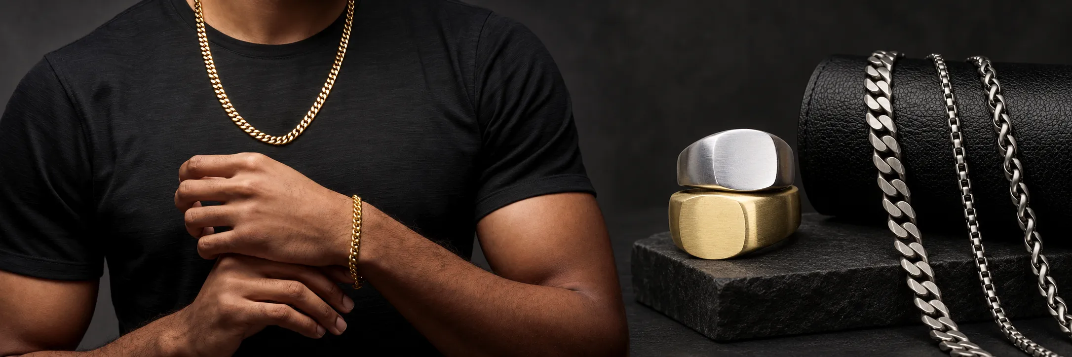 An assortment of the extensive affordable men's jewelry collection at Arezzo