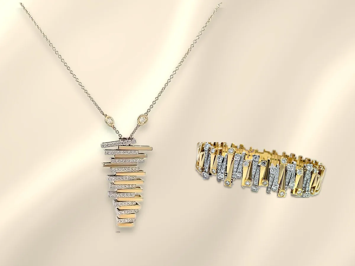 Savoia Arena two-tone diamond necklace and Savoia Arena diamond bracelet in 18K gold on cream silk