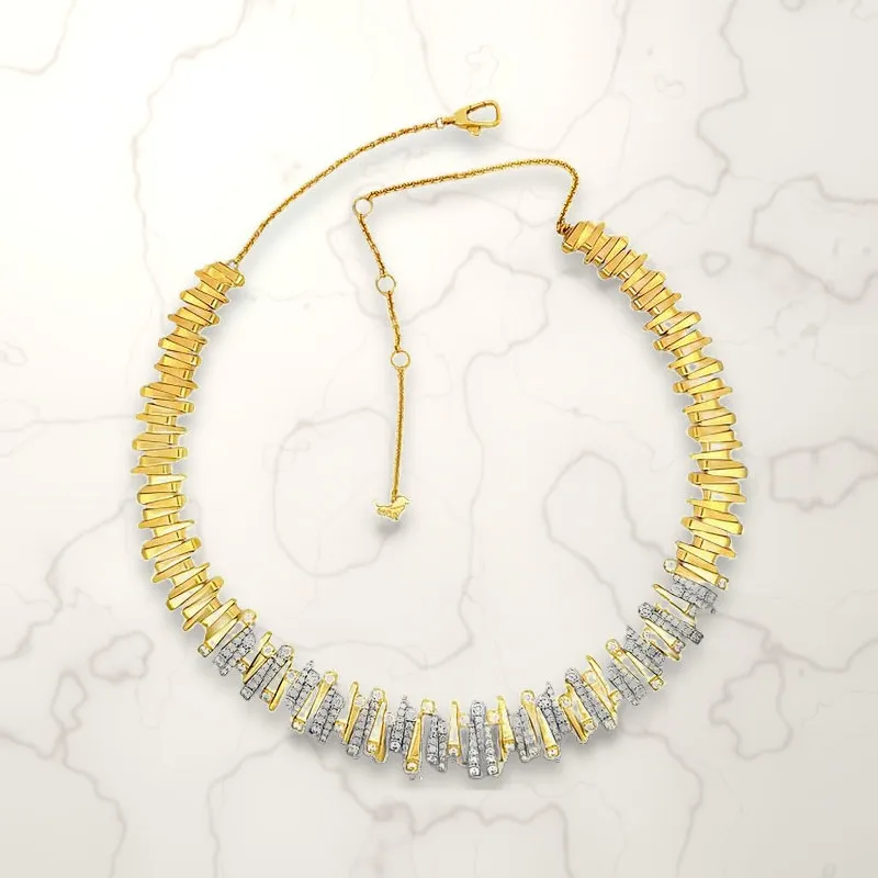 Savoia Arena collar necklace in 18K two-tone gold with 3.18 ct tw natural diamonds on white marble