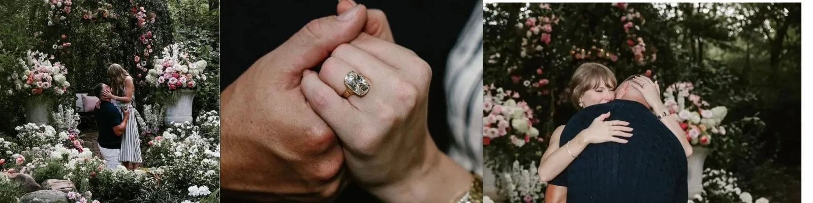 Couple embracing in a floral setting, showcasing an engagement ring. Discover your Taylor Swift-inspired ring at Arezzo Jewelers