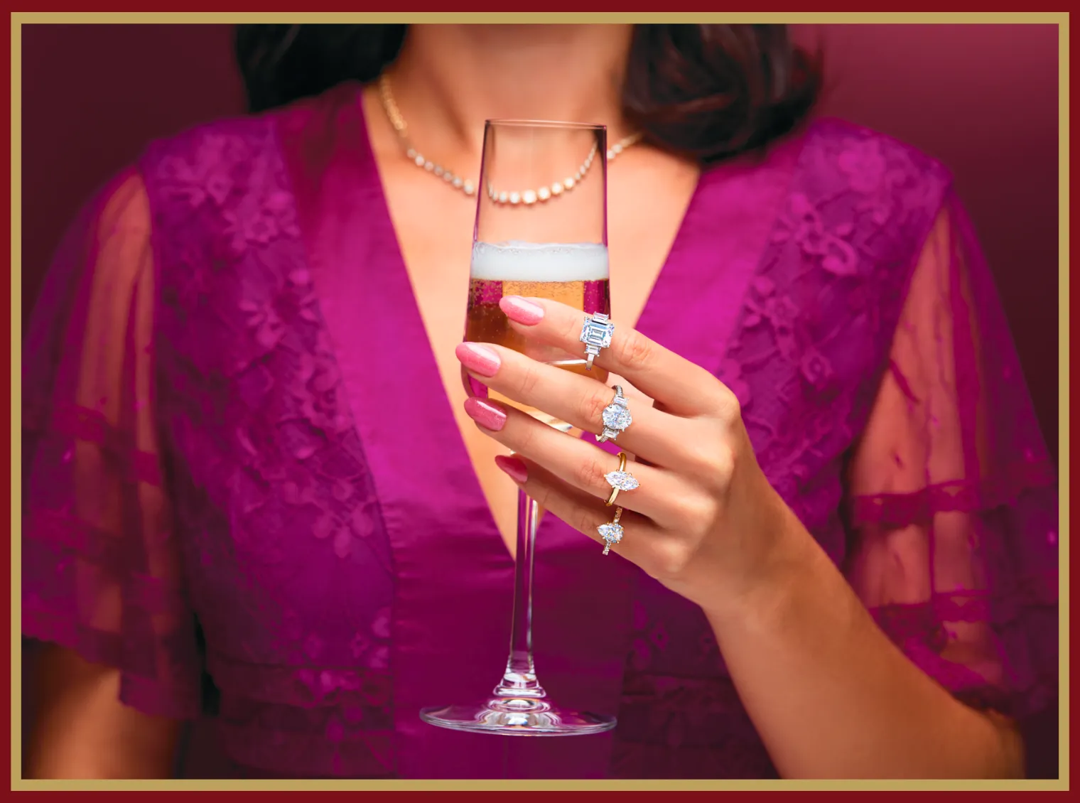 Woman in a purple dress holding a champagne glass, showcasing elegant rings. Click to learn more about Ladies' Night at Arthur's