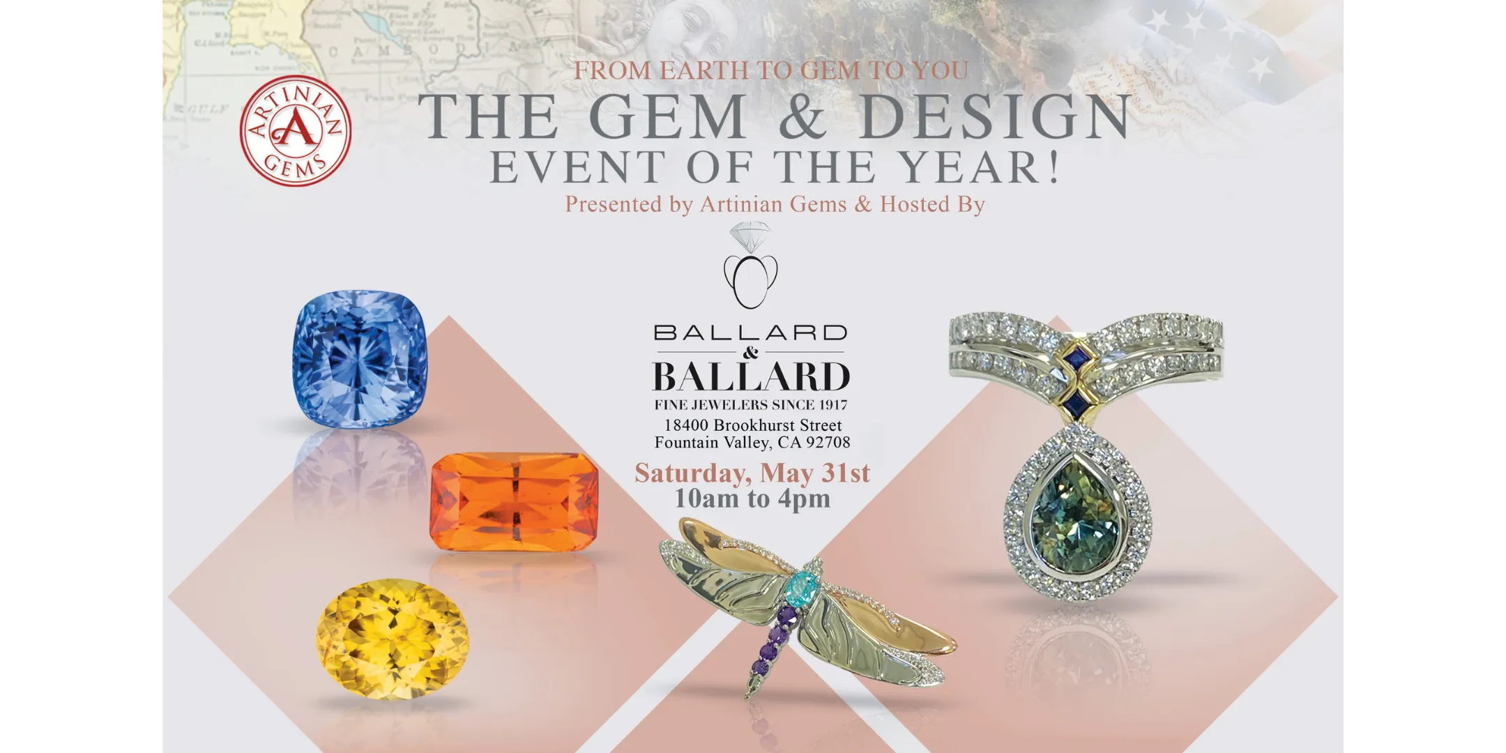 Join Ballard & Ballard's Gem & Design Event on May 31st, featuring stunning gemstones and jewelry designs.