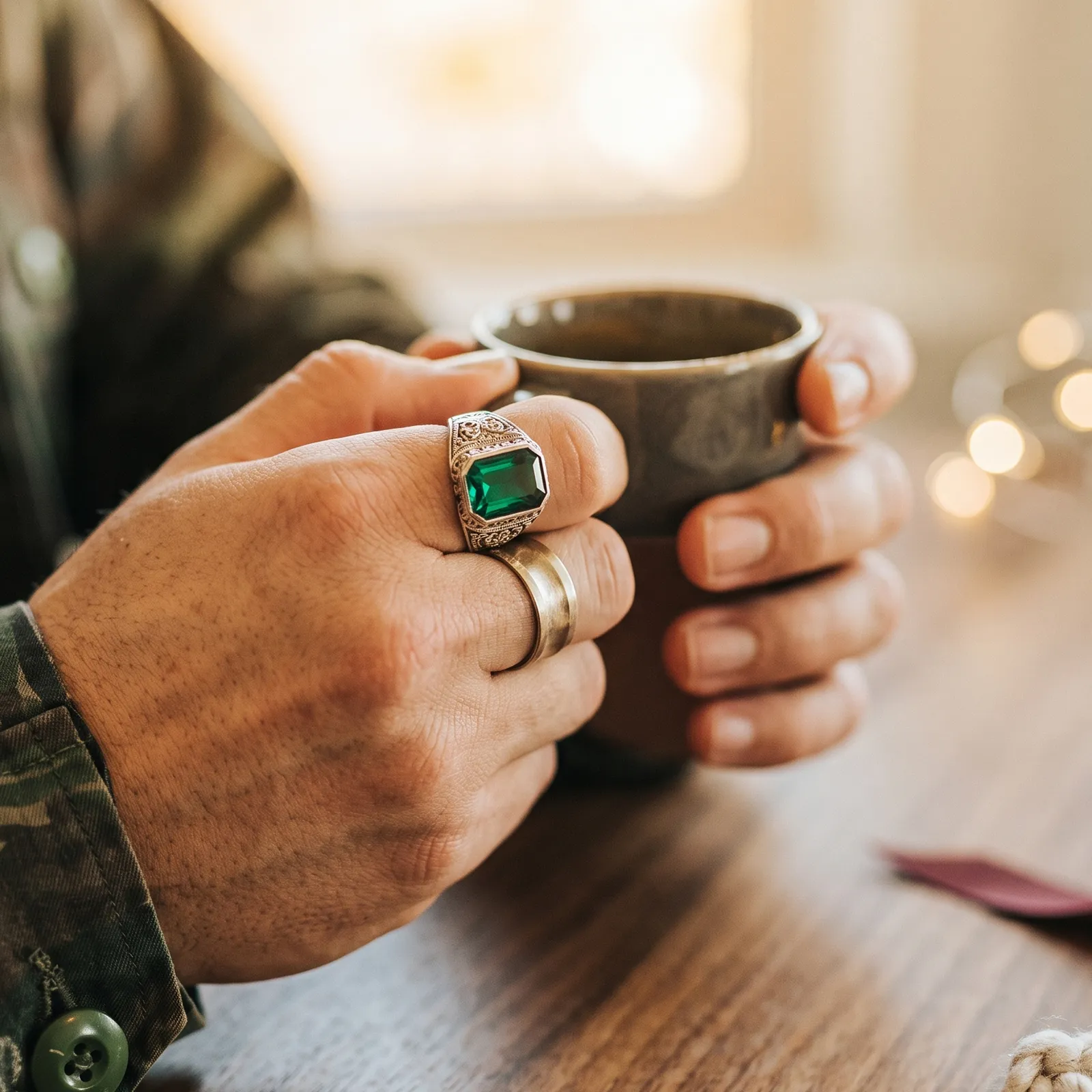 Hands holding a cup, wearing a large silver ring with a green gemstone and a gold band.