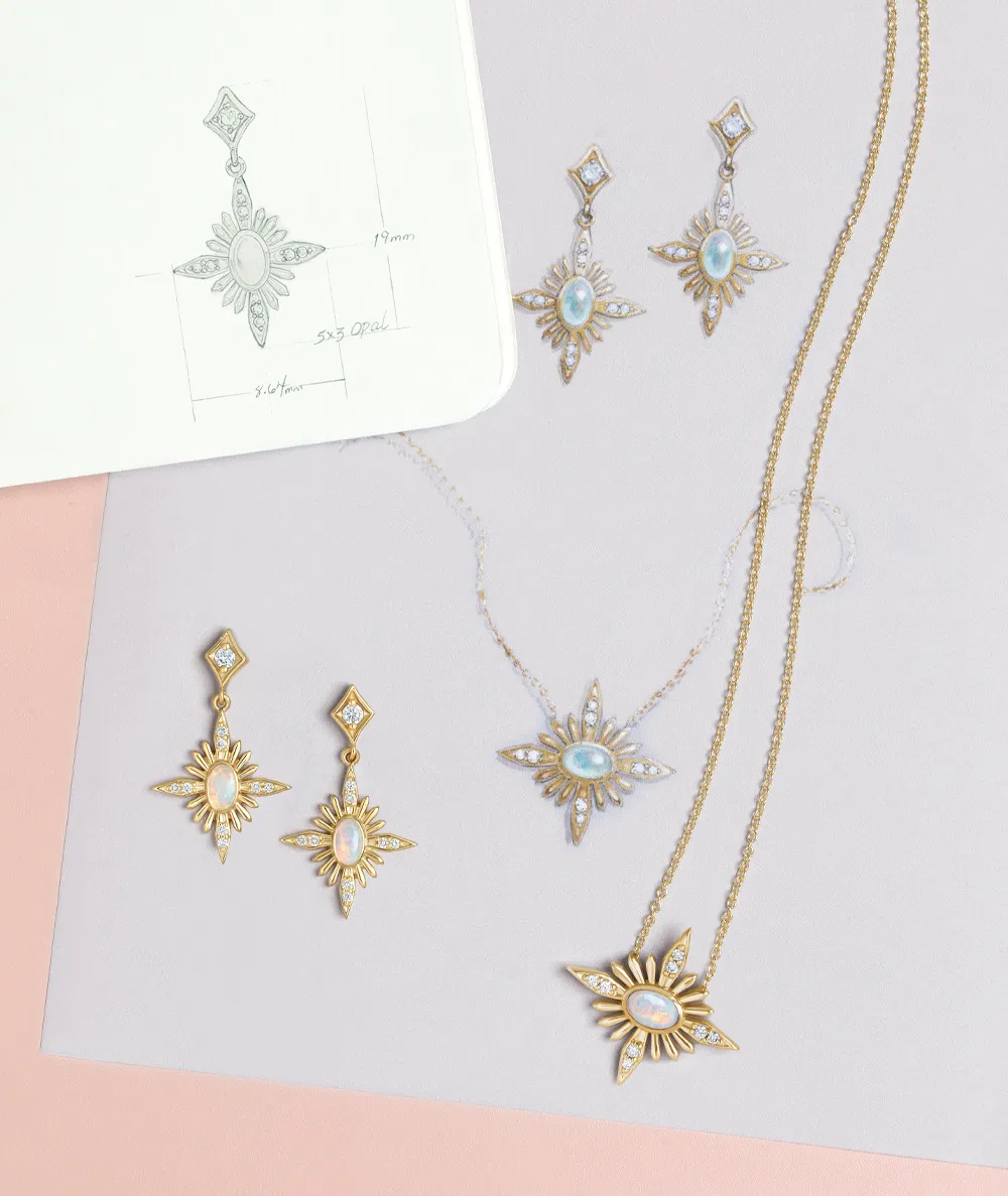 Jewelry design sketches and finished pieces including earrings and necklaces with opal and diamond accents.