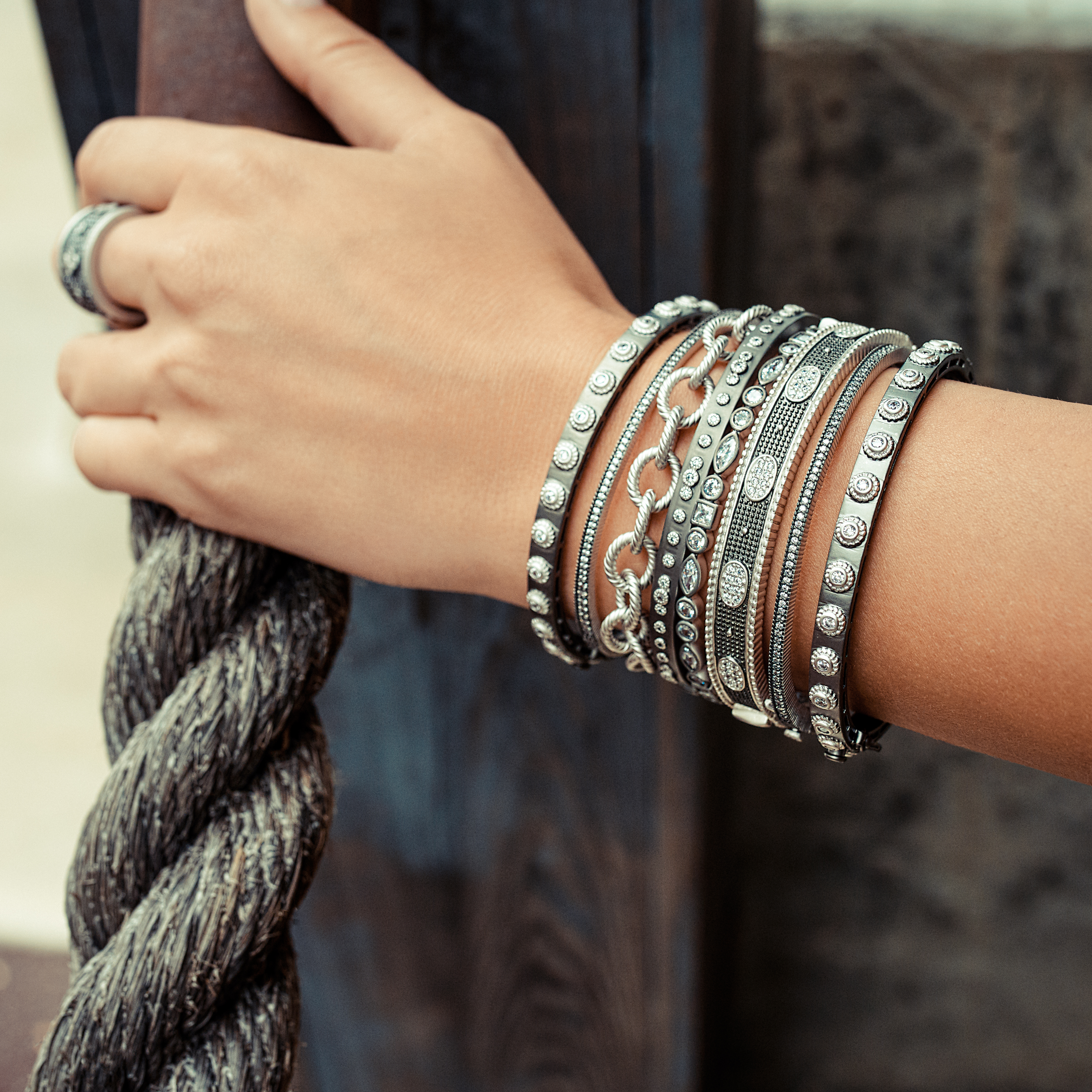 Freida Rothman Industrial style with hints of sparkly gems to turn any outfit into a fashion statement. Baxters Fine Jewelry Warwick, RI