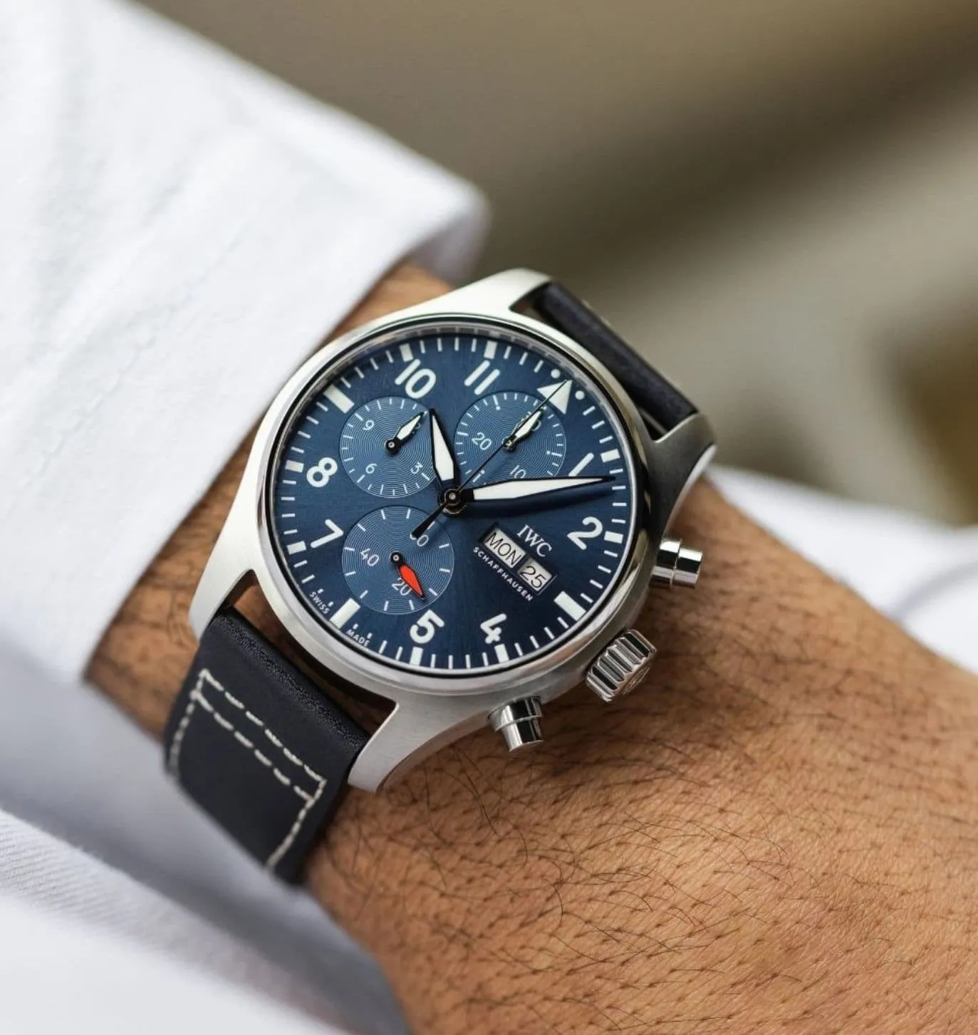 Model Wearing a Blue IWC Schaffhausen Watch