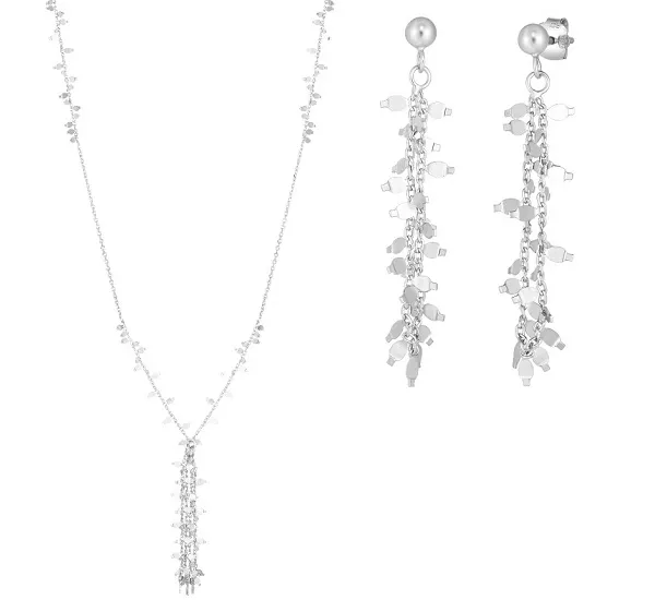 sterling silver flora fringe drop earrings and necklace. With diamond cut cable link chain