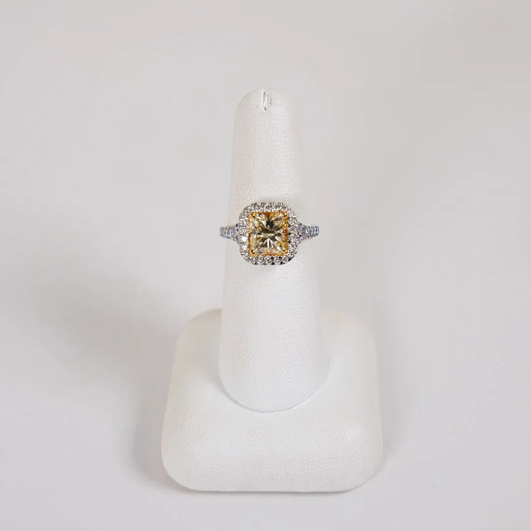  18 Karat White Gold Halo Fashion Ring with a 2.29 Carat Radiant Cut Center Diamond and 45 Round Accent Diamonds Bay Area Diamond Company Green Bay, WI