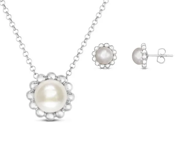 sterling silver beaded round white fresh water pearls earrings and necklace