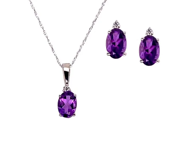 10 karat white gold drop oval shaped amethyst pendant and earrings