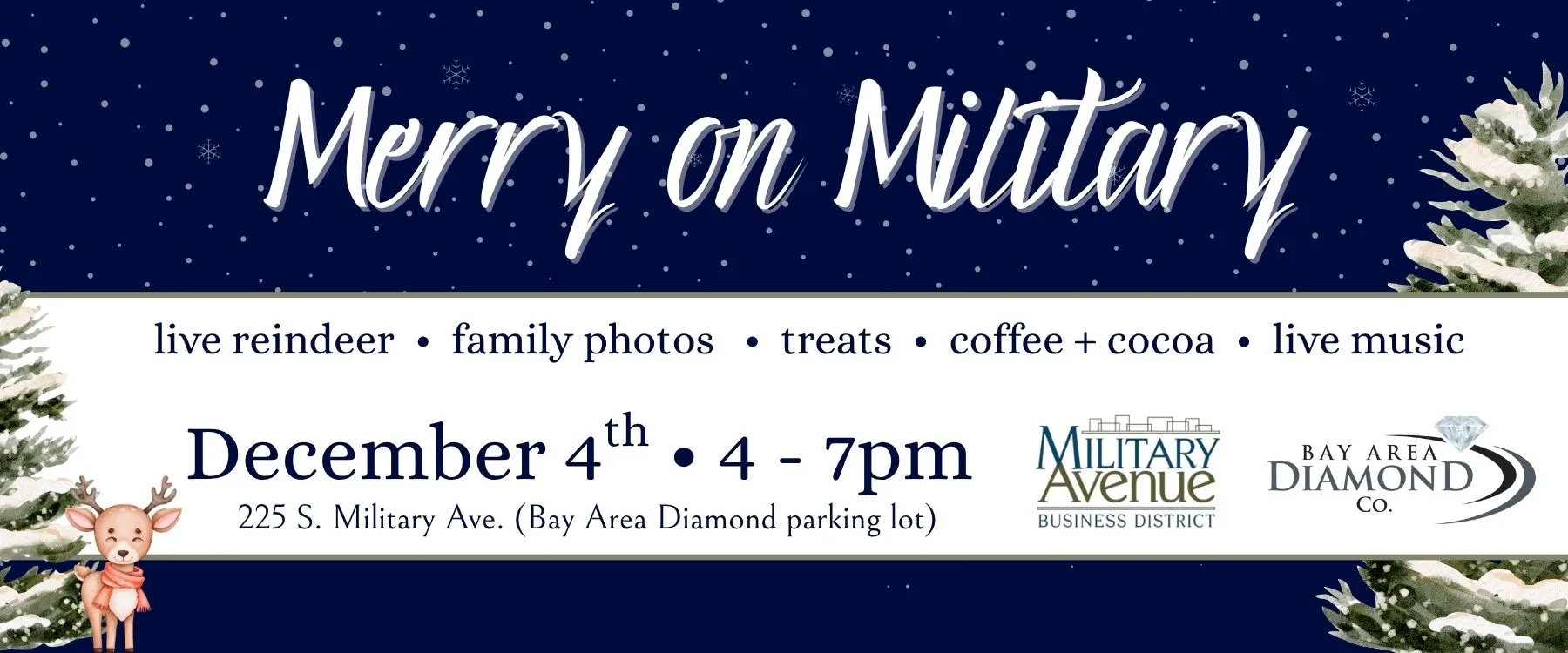 Join us for 'Merry on Military'! Join the Military Avenue Business Association for our first-ever ‘Merry on Military’ event: Thursday, December 4th, from 4-7pm in the Bay Area Diamond Company parking lot. Live reindeer from The Aurora Acres + their magical sleigh will be in attendance for a quick, complimentary photoshoot. Each family will receive 2-3 edited, digital images courtesy of Bay Area Diamond Company. Enjoy live music, s'mores + treats, hot chocolate + coffee, a reindeer craft, & treats for your ‘furry friends’ (dogs invited!). ✨🦌🎄❄️We’ll be collecting donations of wish list items for the House of Hope. Join us to festively enjoy our little corner of Green Bay!  Bay Area Diamond Company Green Bay, WI