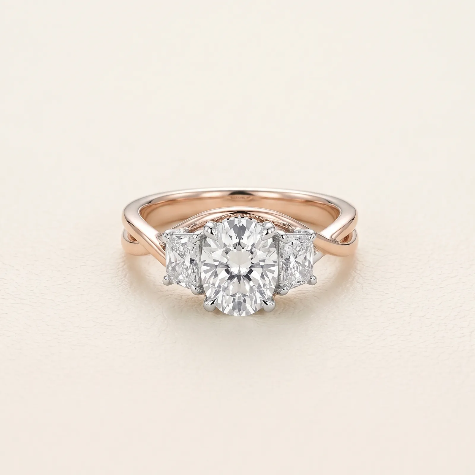 Three-stone engagement ring with a round center diamond and two side diamonds on a rose gold band.