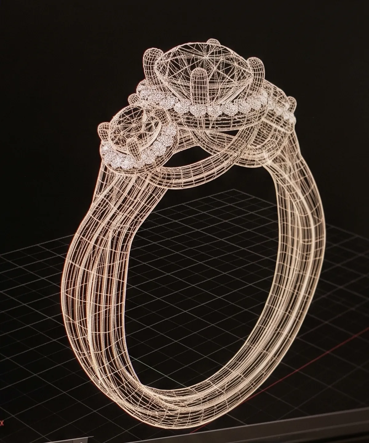 A 3D wireframe rendering of a custom ring design on a black background.