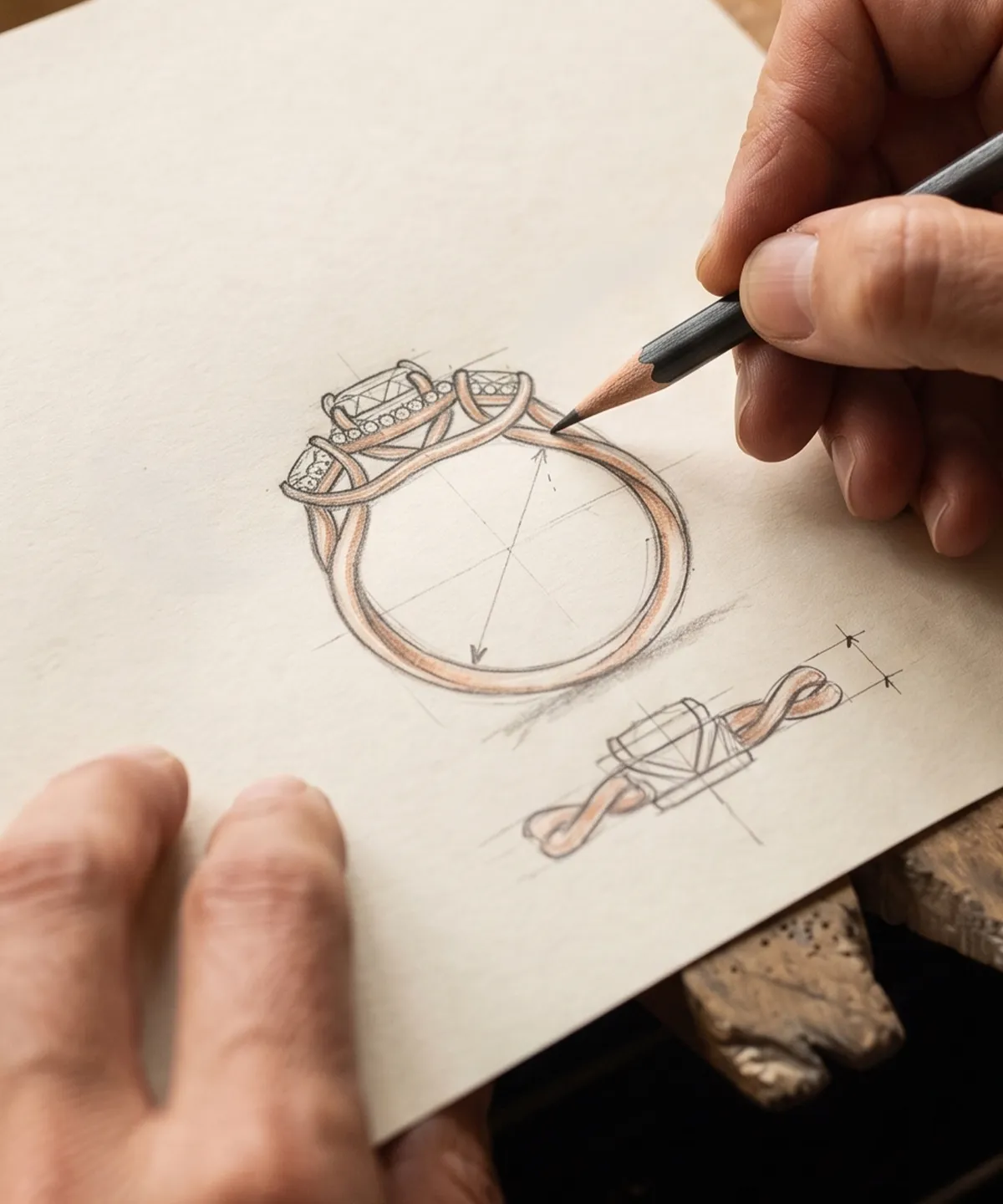 A hand sketching a detailed ring design on paper with a pencil.