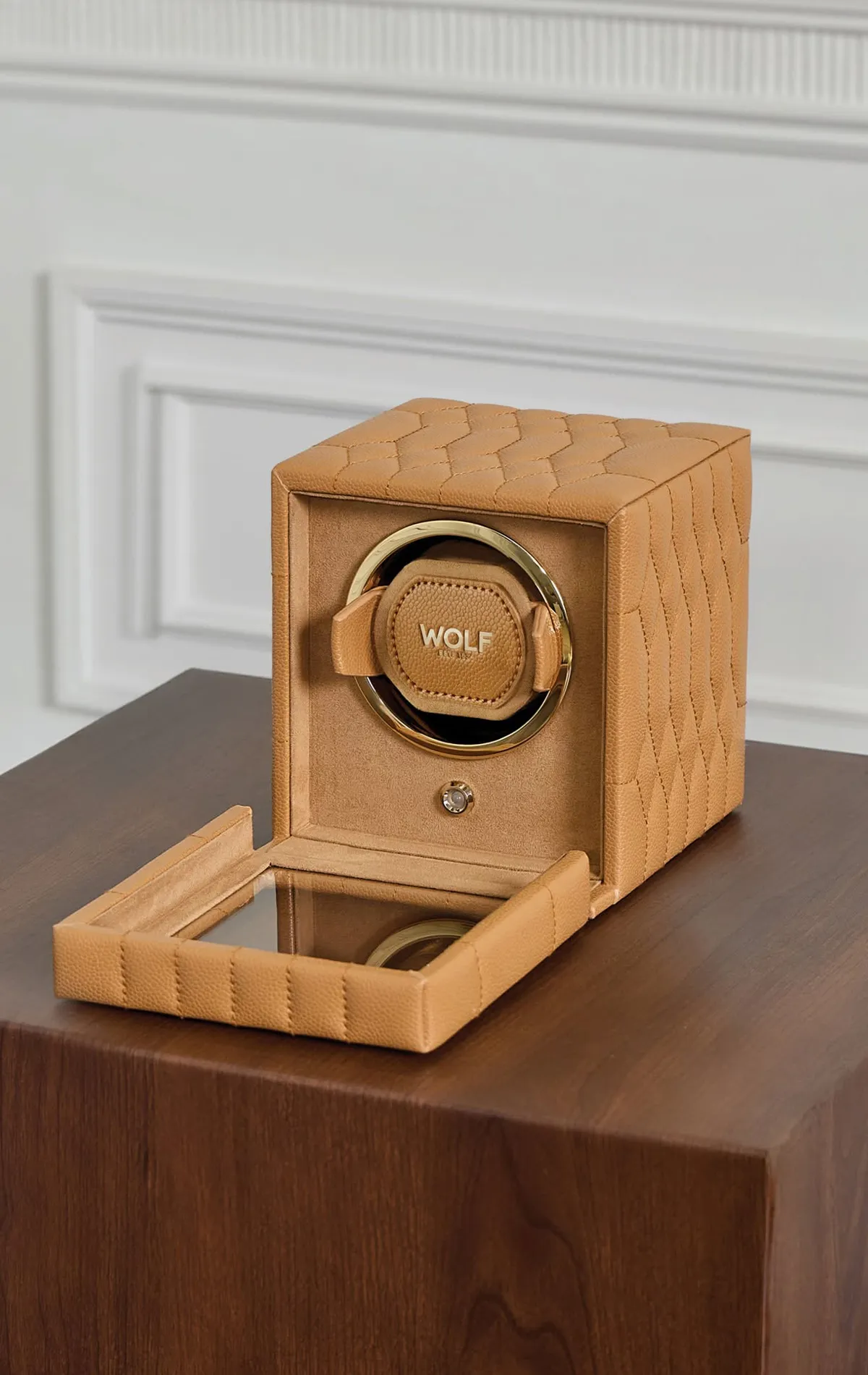 Tan quilted watch winder with 