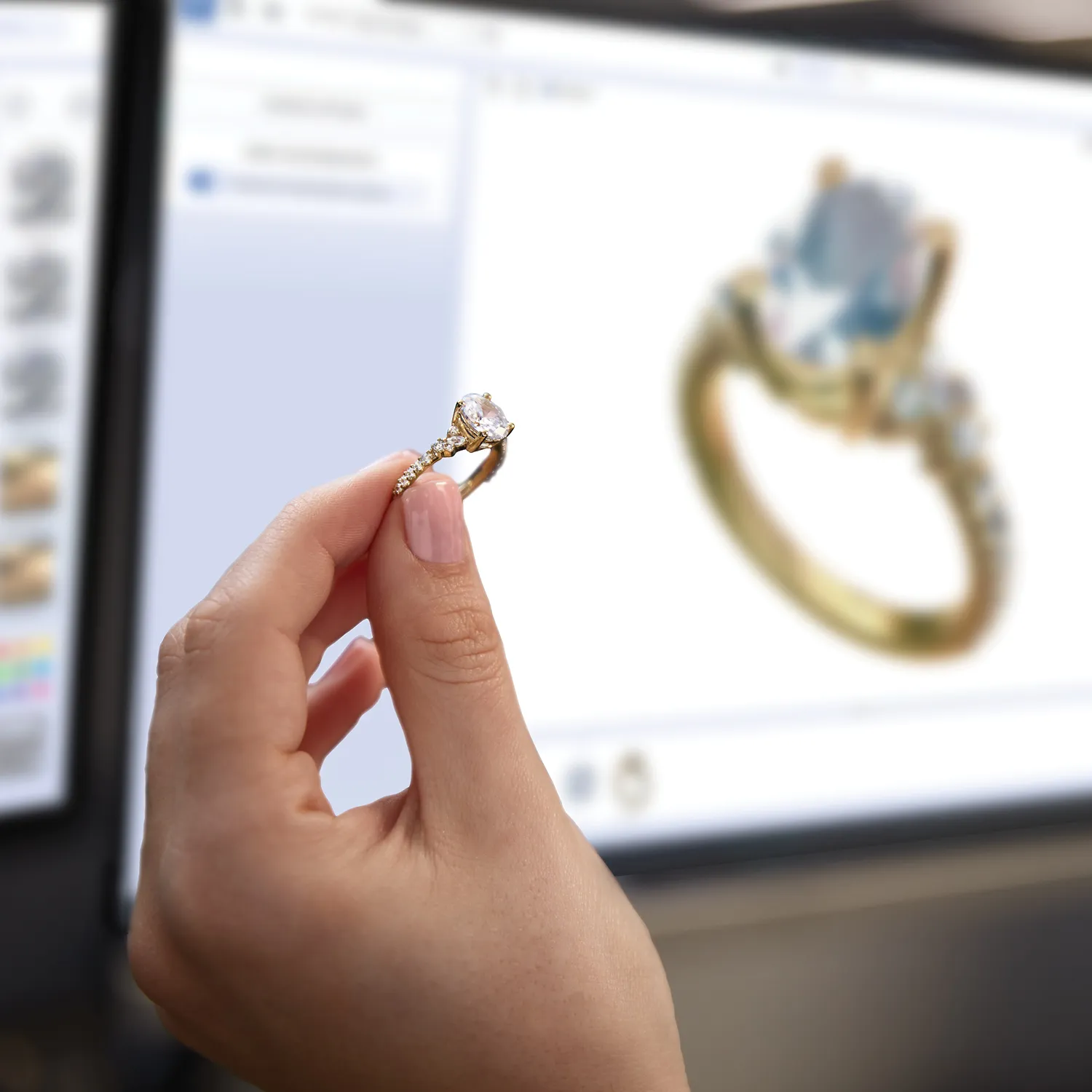 A hand holding a gold engagement ring with a large stone, displayed in front of a computer showing a ring design.
