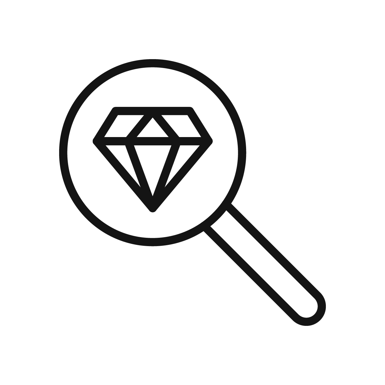 Magnifying glass over a diamond icon, representing jewelry appraisals at Bethany's Jewelry in Wellsboro.