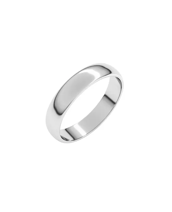Polished silver men's wedding band displayed on a white background. Visit Bethany's Jewelry for more details.
