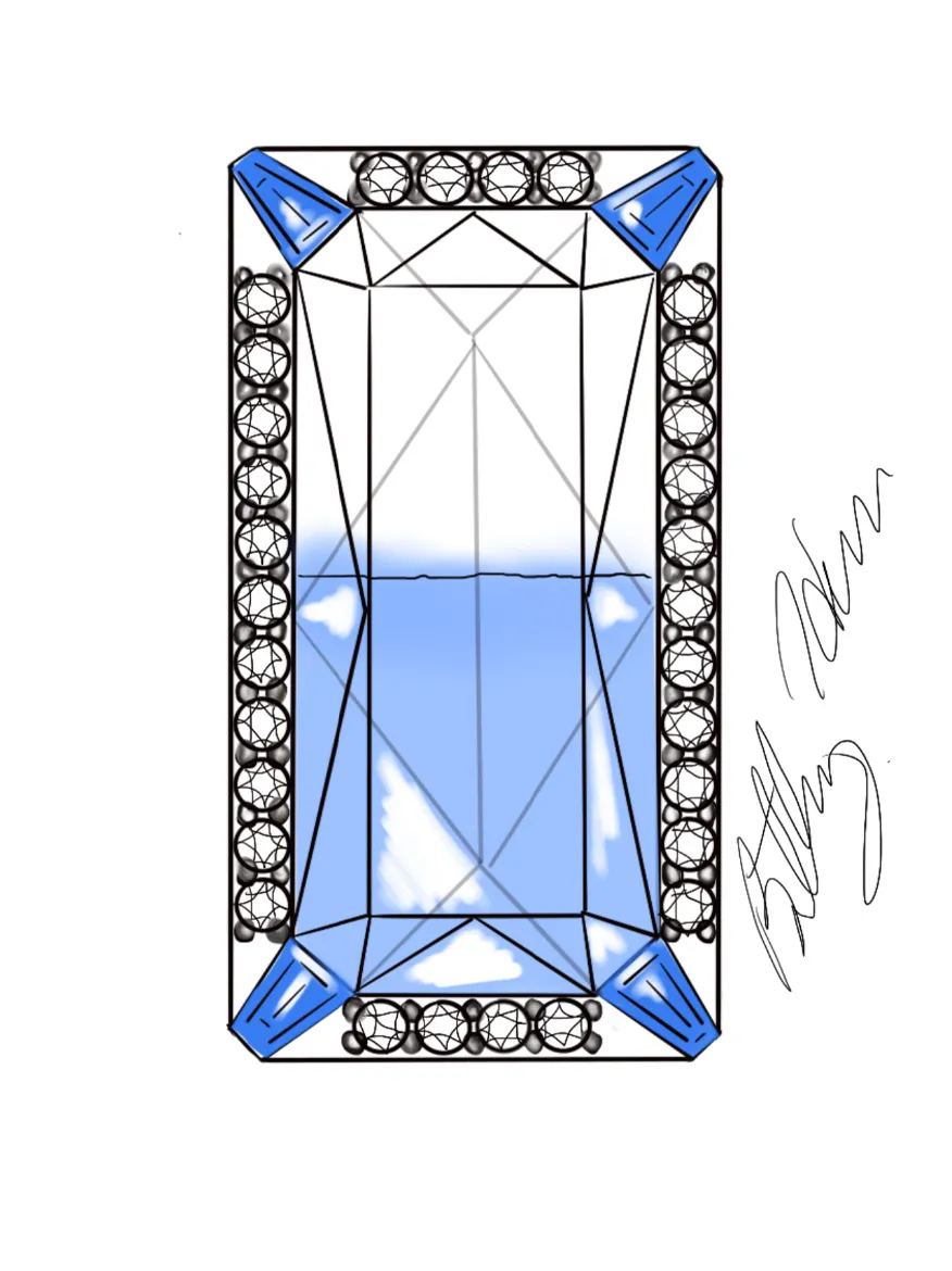 Sketch of a blue gemstone with diamond accents, signed by the designer.