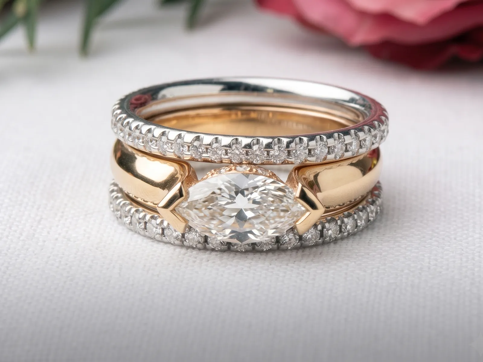 A gold and silver ring with a marquise diamond and pavé accents on a white surface.