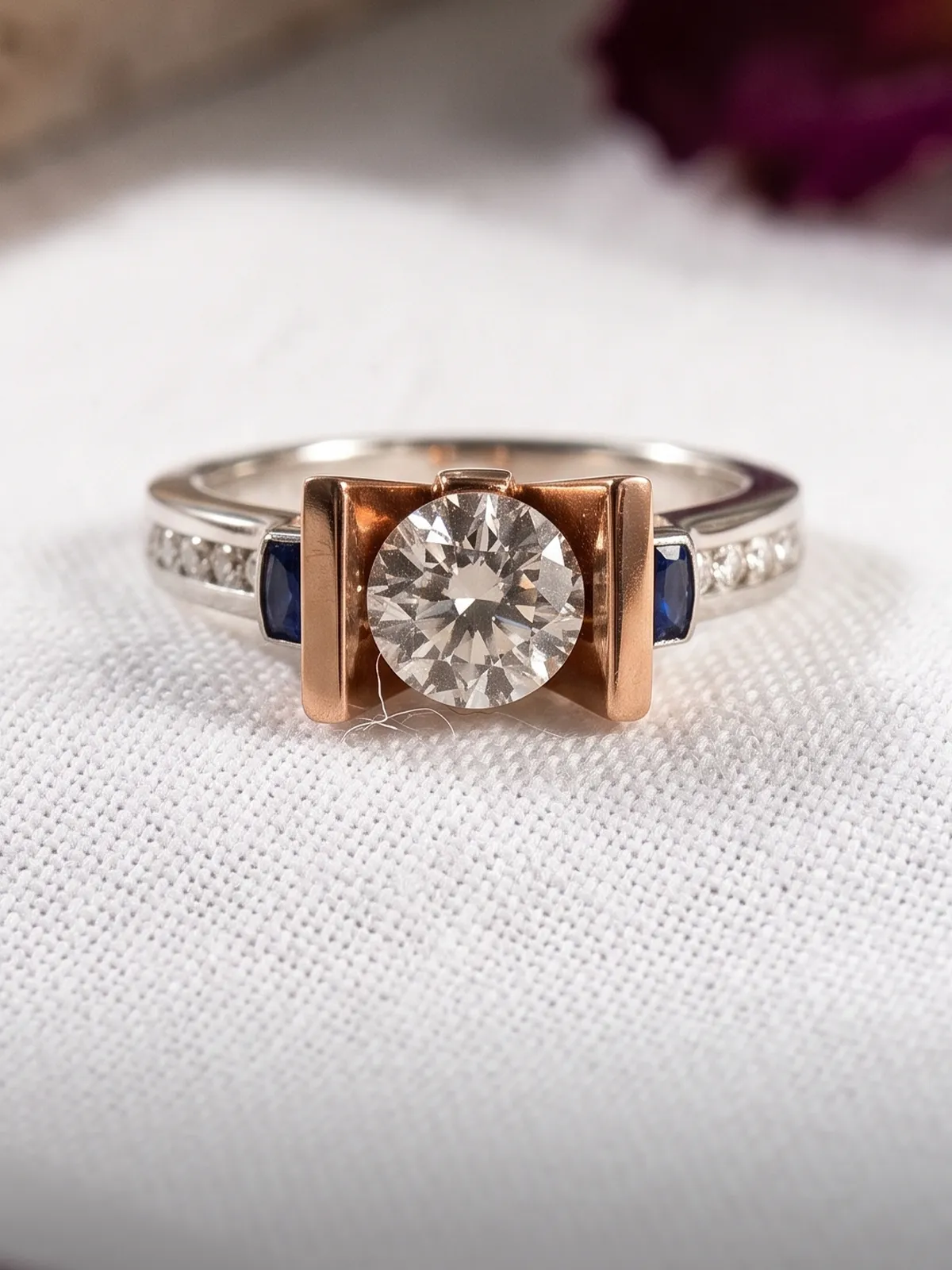 A diamond ring with a round center stone, rose gold setting, and side sapphires on a white fabric background.