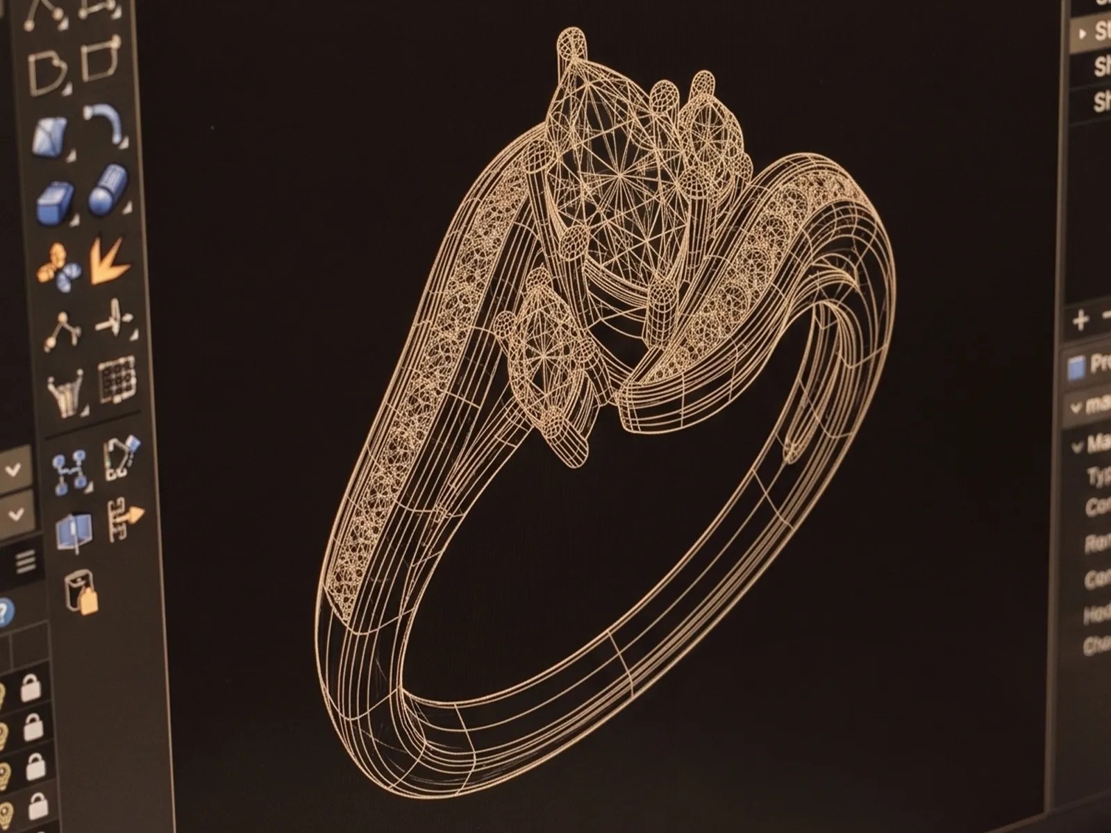 A 3D CAD model of a ring design displayed on a computer screen.