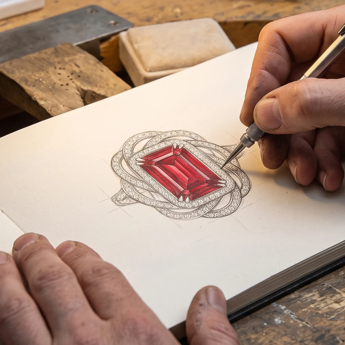 A hand sketching a detailed jewelry design with a large red gemstone on paper.