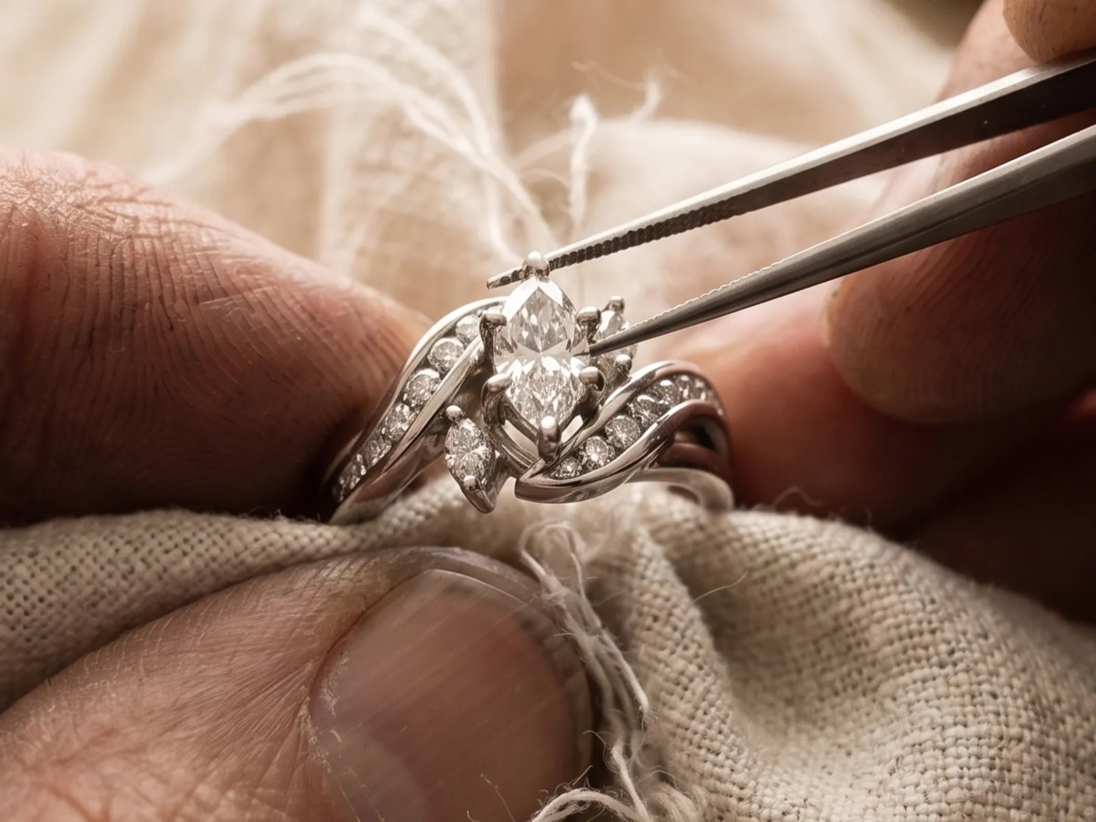 A jeweler uses tweezers to set a diamond in a ring, held over a cloth.