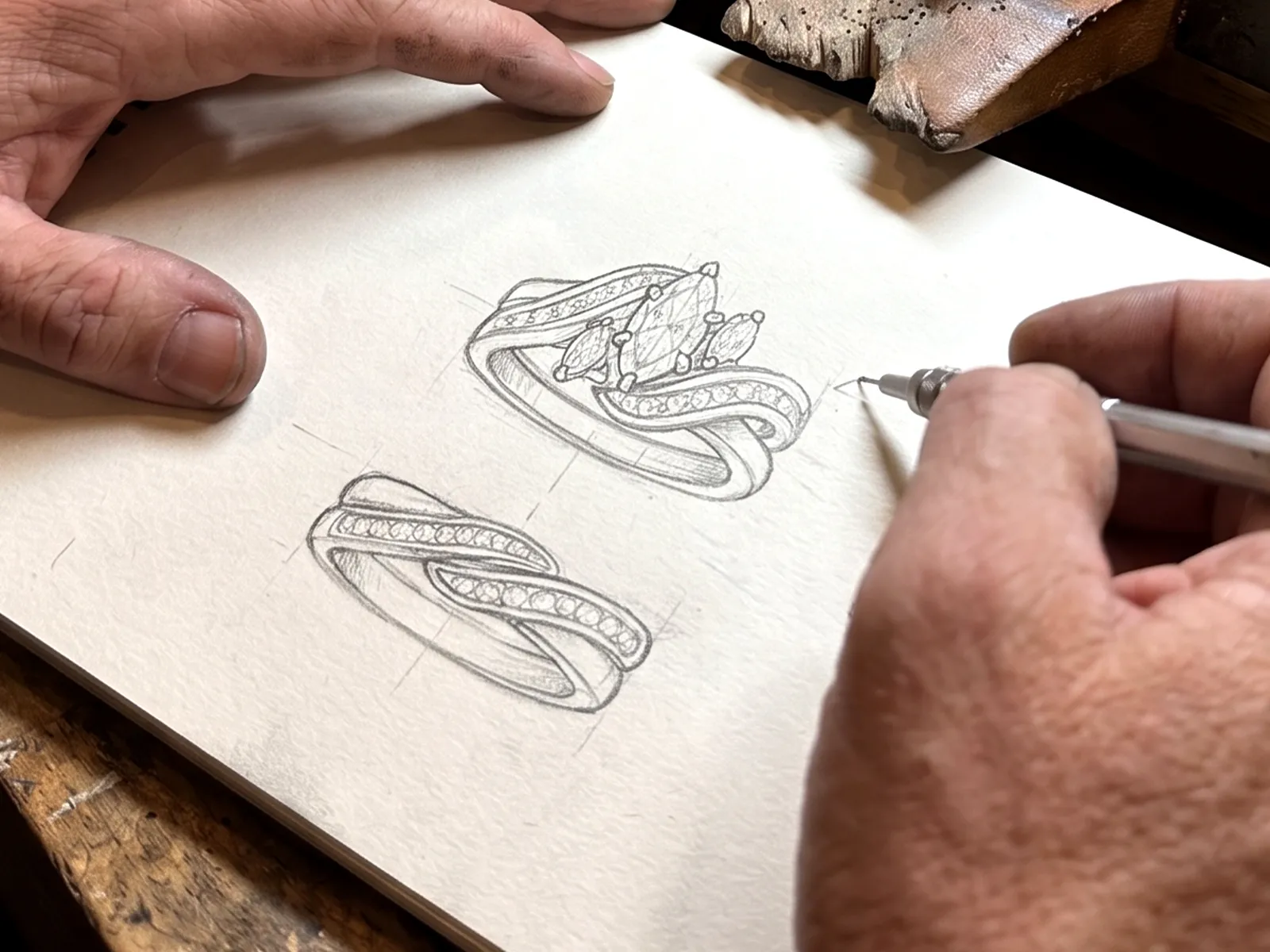 A person sketching intricate ring designs on paper with a pencil.