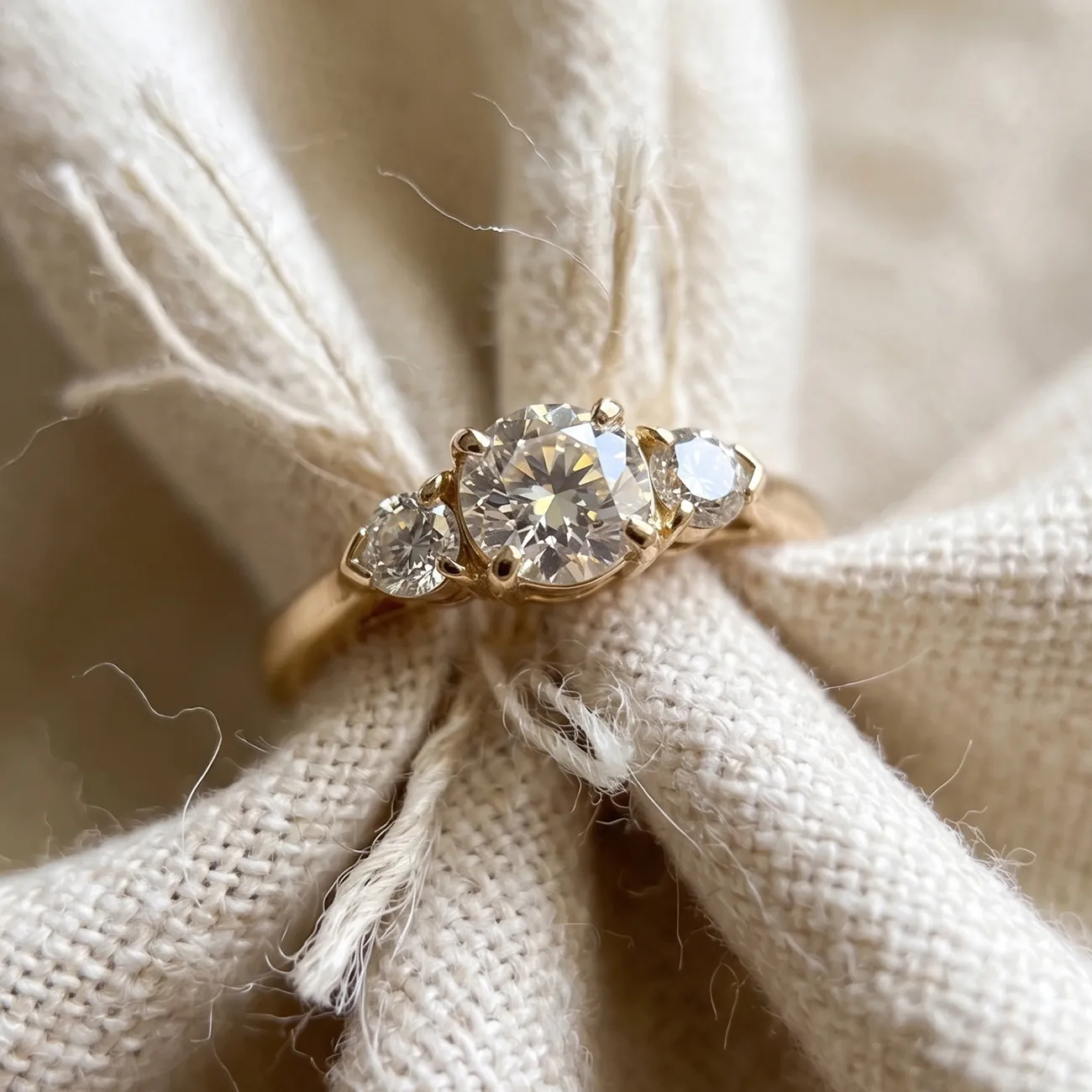 A gold ring with three diamonds displayed on a textured fabric background.