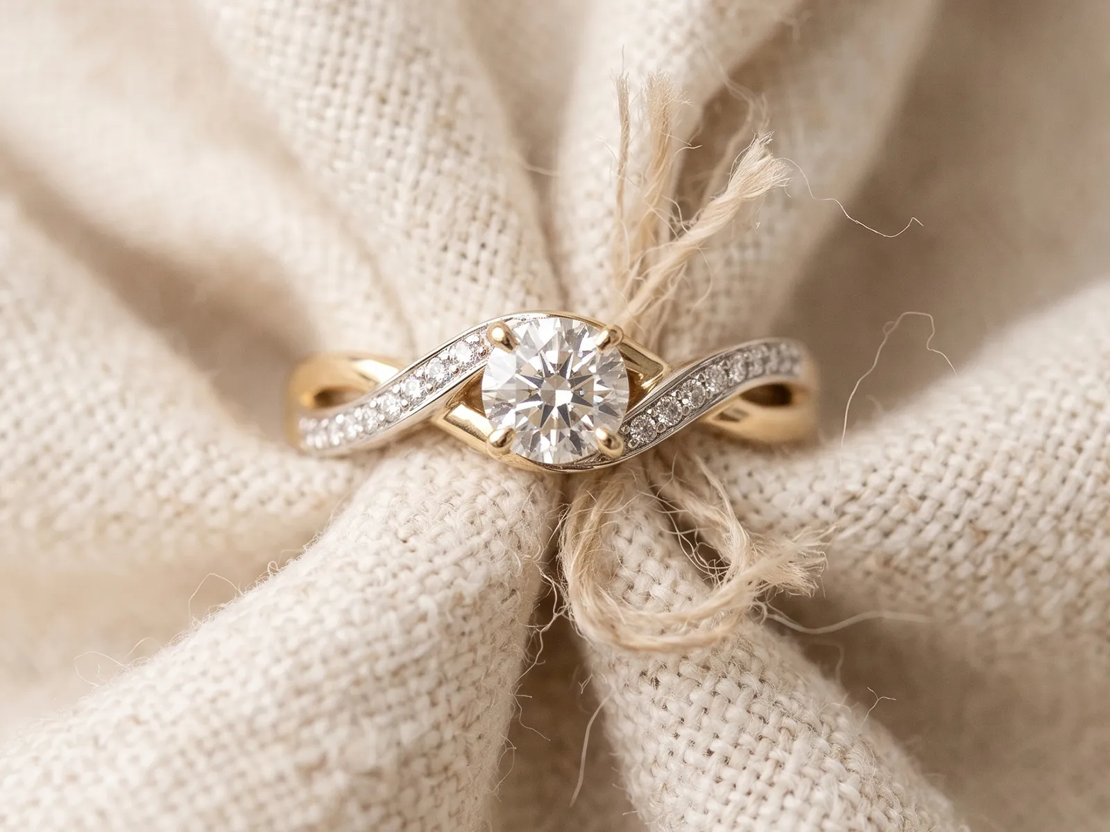 A gold engagement ring with a diamond center stone and pavé band on a textured fabric background.