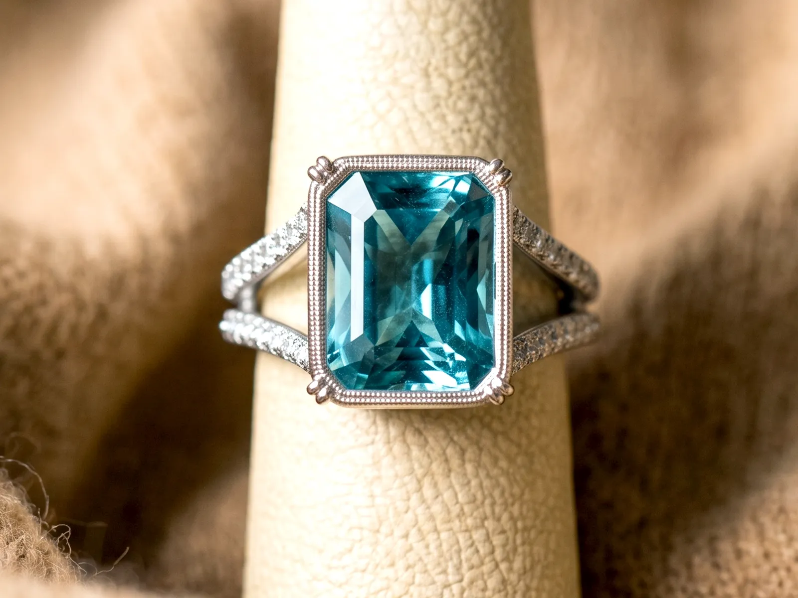 An aquamarine gemstone ring with a diamond-accented band on a display stand.