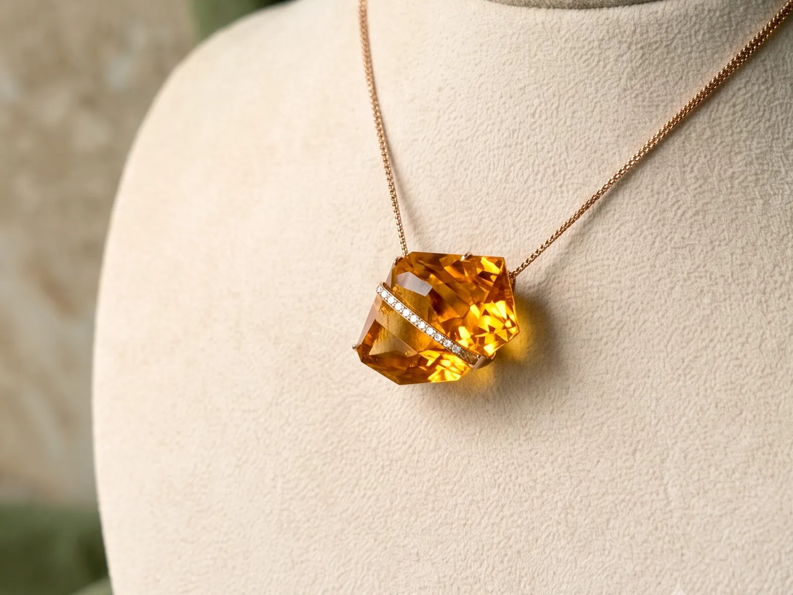 A large, faceted orange gemstone pendant with a diamond band on a delicate chain.