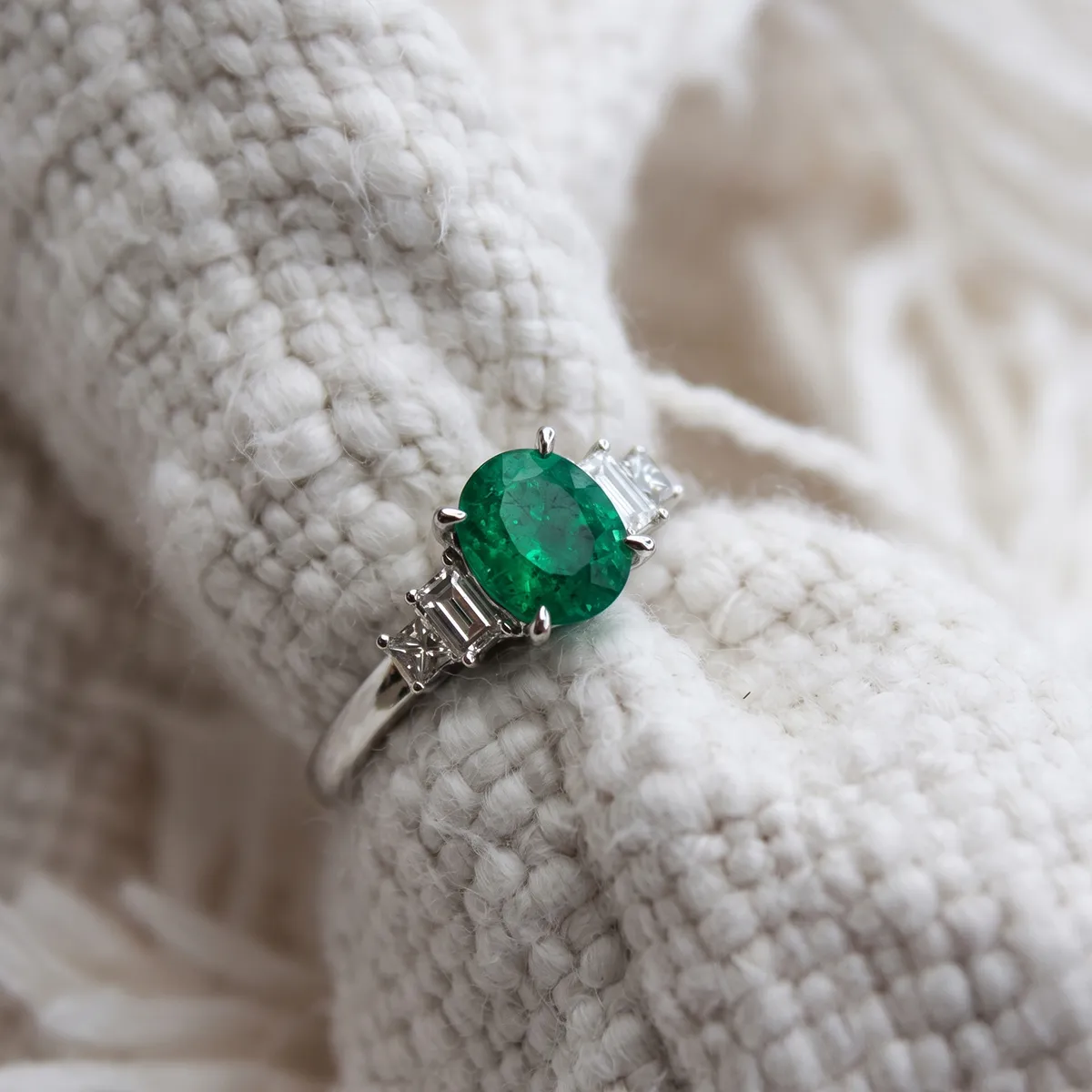 A silver ring with a green gemstone and diamonds on a textured white fabric background.