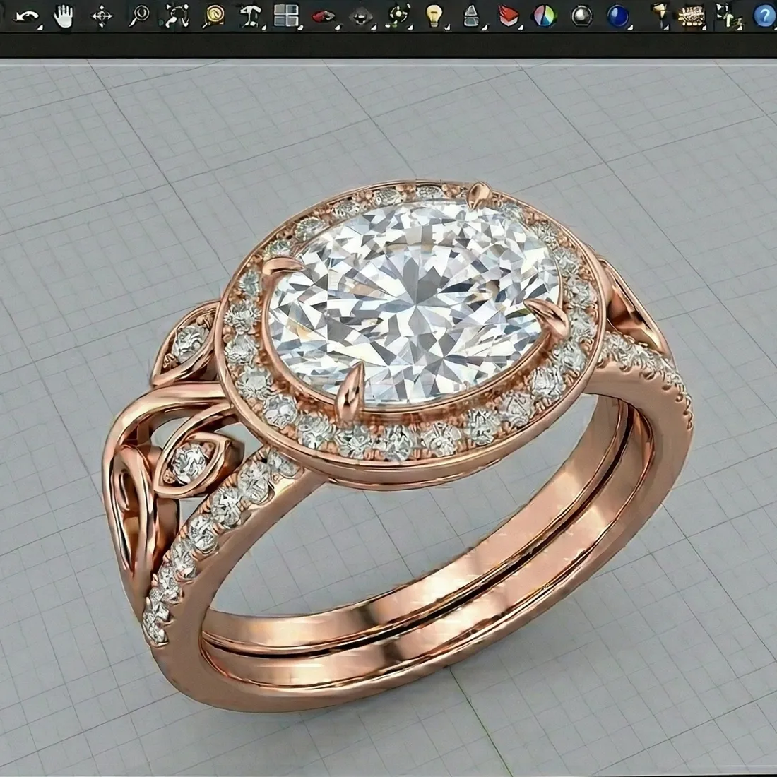 Rose gold ring with large oval diamond and intricate band design on CAD software background.