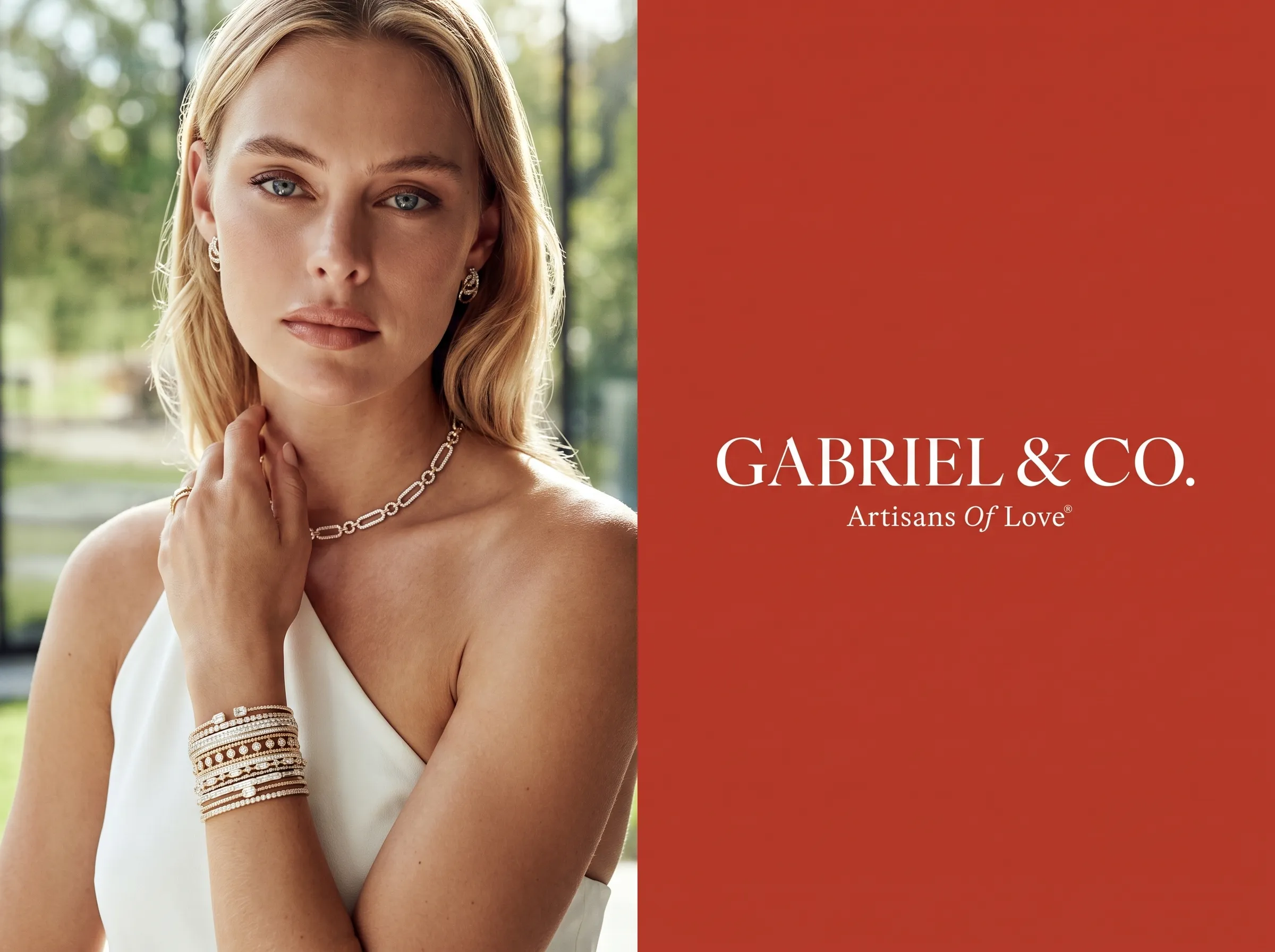 Woman in white dress wearing gold jewelry, with 